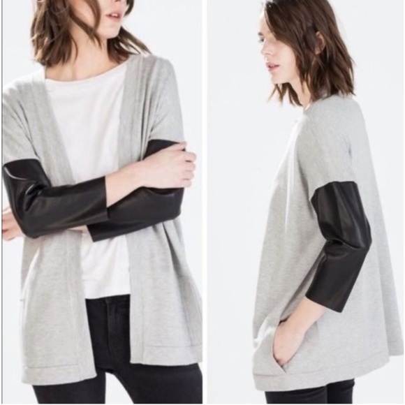 Zara Knit Open Cardigan Faux Leather Sleeves - Picture 1 of 7